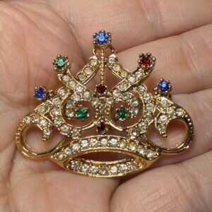 Crown Brooch Rhinestone Gold Tone Tiara Pin Multicolor Crystal 1.5”